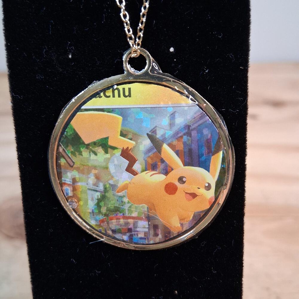 Handmade Pikachu Necklace Round Resin Card Jewelry Gold Plated Bezel and Chain